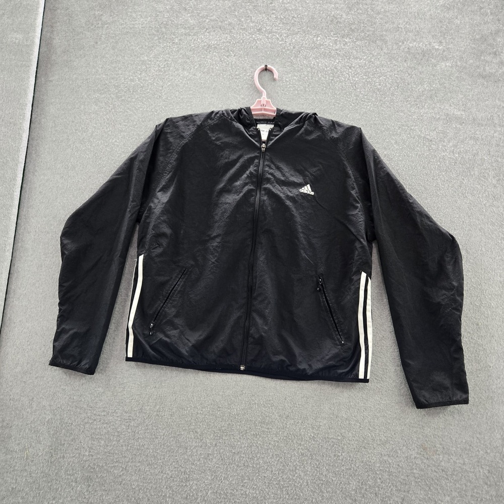 Adidas Women Jacket XL Black Windbreaker Hooded Activewear Logo‎ Zipper READ